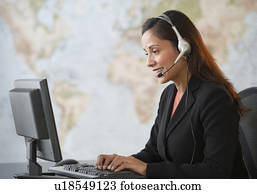 femininas, representante serviço cliente, com, headset, trabalhar computador