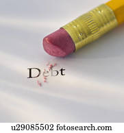 Studio shot of pencil erasing the word debt from piece of paper