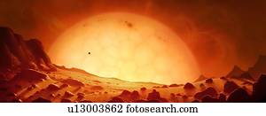 futuro, vermelho, gigante, sol, artwork