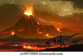 Tyrannosaurs survey a volcanic landscape