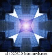 USA, New York, New York City, upward view of skyscrapers in abstract geometric shape