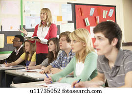 adolescente, estudantes, estudar, em, sala aula, com, professor