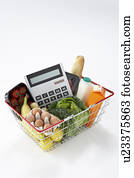 Basket of groceries and calculator