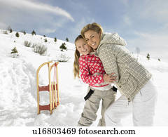 jovem, mãe filha, ligado, férias inverno