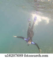 Scuba diver swimming underwater, Puerto Egas, Santiago Island, Galapagos Islands, Ecuador