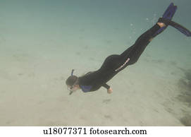 Scuba diver underwater, Puerto Egas, Santiago Island, Galapagos Islands, Ecuador