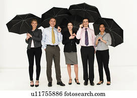 Happy business people with umbrellas