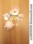 smashed piggy bank and money