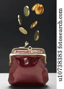 Coins falling into purse