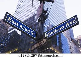 USA, New York State, New York City, low angle view of street name sign
