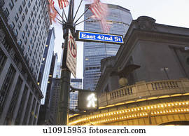 USA, New York State, New York City, low angle view of 42nd Street name sign with Met Life Building in distance