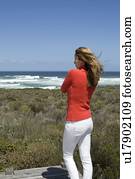 mulher, negligenciar, ventoso, praia