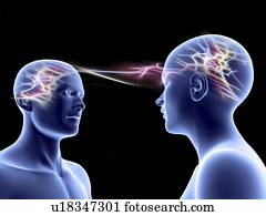 Communication. Conceptual computer artwork representing communication, showing one person conveying a thought (light) to another. This could also represent telepathy and mirror neurons social interactions.
