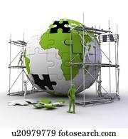 Conceptual computer artwork representing a globe built of puzzle pieces.