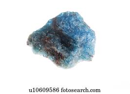 Cutout of a blue apatite gemstone on white background.