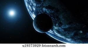 Earth and Moon, computer artwork.