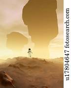 Space exploration. Computer artwork of an astronaut on an alien planet.