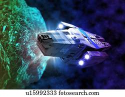 Space exploration. Computer artwork of a mining spacecraft inspecting an asteroid for mineral deposits.