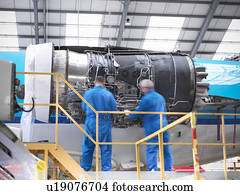 trabalhadores, examinando, avião, maquinaria