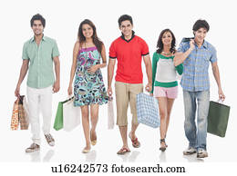 דמות, של, ידידים, להביא, שקיות של קניות