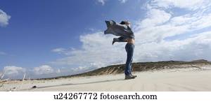 posição mulher, ligado, ventoso, praia