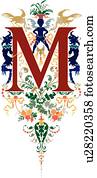 Brown capital letter M with dragons, birds and plants