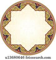 rot, blau, grün, und, gold, runder, arabeske, rahmen, mit, promoviert, gelber stern, geformt, zentrieren rot, blau, grün, und, gold, runder, arabeske, rahmen, mit, promoviert, gelber stern, geformt, zentrieren