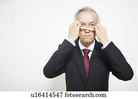 forretningsmann, draing, på, maske