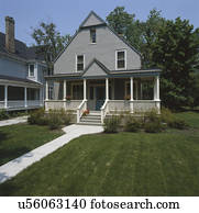 Fassade, von, blau, grau, bungalow, mit, weiß, trimmen Stock Fotograf