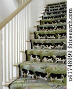 Stairways: wood stairs, white banister with natural wood rail, unique carpet runner with pattern of black and white cows on a green floral pattern