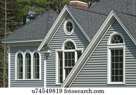 Window with shingled roof in single family home