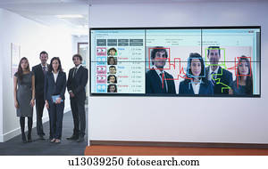 retrato, de, trabalhadores escritório, ficar, perto, rosto, reconhecimento, software, sistema