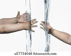Composite view of toddlers arms and hands reaching out from opposite sides into clear water