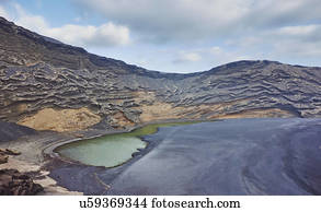 Volcanic landscape with lake, Lanzarote, Canary Islands, Spain