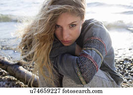 assento mulher, ligado, ventoso, praia