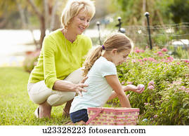 vó, com, neta, ligado, páscoa ovo caça, em, jardim