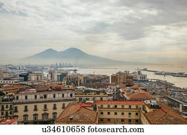 View of Mount Vesuvius over Naples, Italy