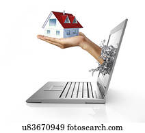 Laptop with hand holding model house