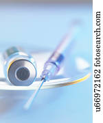 vacina, e, seringa hipodérmica, sentando, ligado, um, vidro, prato