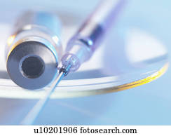 vacina, e, seringa hipodérmica, sentando, ligado, um, vidro, prato