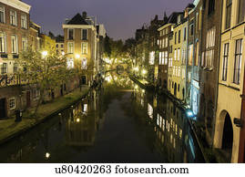 canal, em, pôr do sol