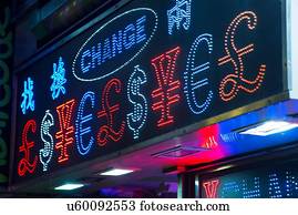 Illuminated currency exchange sign, Hong Kong, China