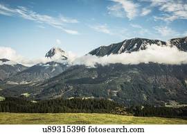 Landscape of mountains and low cloud, Achenkirch, Austria
