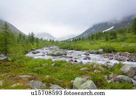 View of low cloud and river valley, Ural mountains, Russia