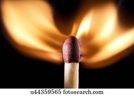 Matchstick on fire against a black background.