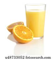 Orange juice and fresh orange against a white background.