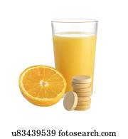Orange juice, fresh orange and vitamin c tablets against a white background.