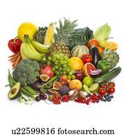 Selection of fresh fruit and vegetables against a white background.