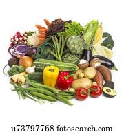 Selection of fresh fruit and vegetables against a white background.