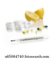 termômetro, e, remédios, para, a, frio comum, contra, um, branca, experiência.